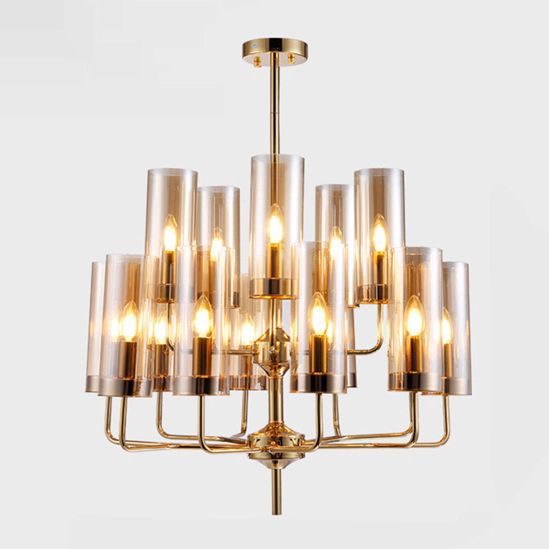 Post-Modern Metal Hanging Chandelier Light Cylindrical Glass Shade  Ceiling Chandelier in Gold for Living Room