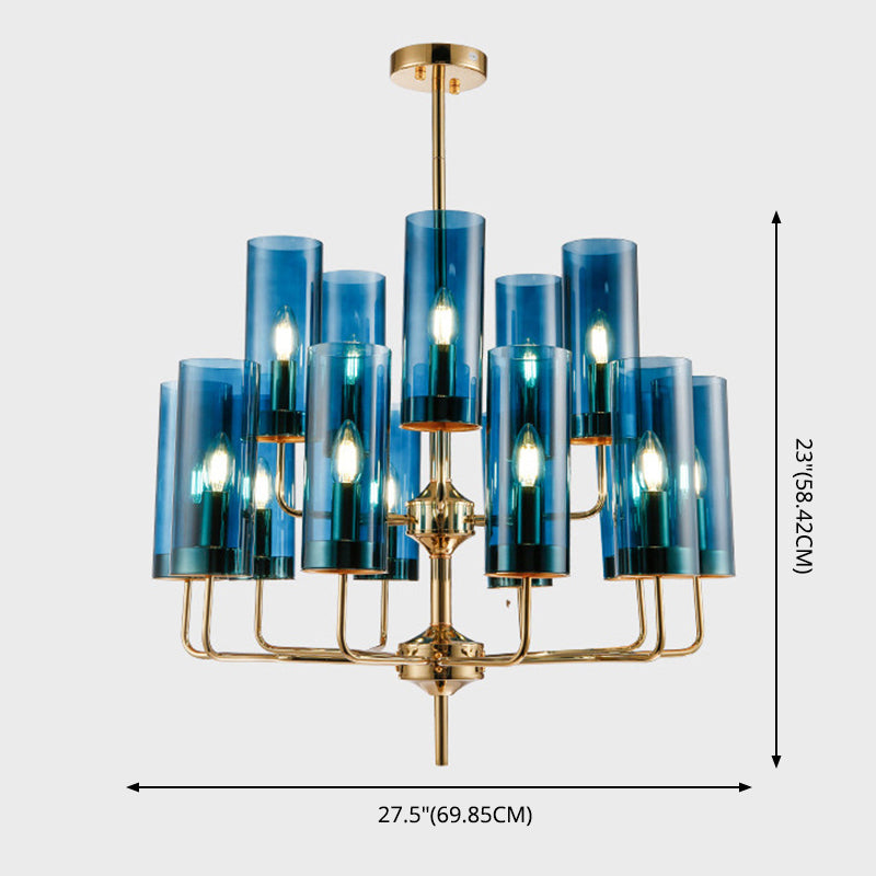 Post-Modern Metal Hanging Chandelier Light Cylindrical Glass Shade  Ceiling Chandelier in Gold for Living Room