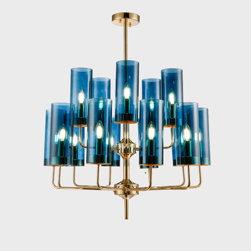 Post-Modern Metal Hanging Chandelier Light Cylindrical Glass Shade  Ceiling Chandelier in Gold for Living Room