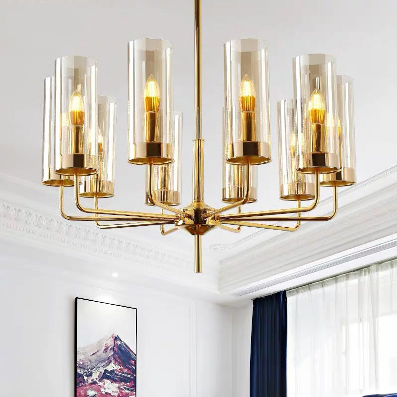 Post-Modern Metal Hanging Chandelier Light Cylindrical Glass Shade  Ceiling Chandelier in Gold for Living Room