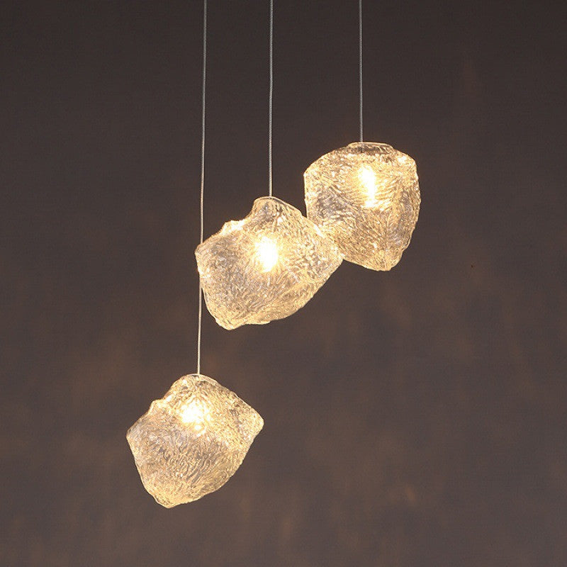 Icy Glass Stone Shaped Suspension Lamp Simplicity 1-Light Chrome Pendant for Dining Room