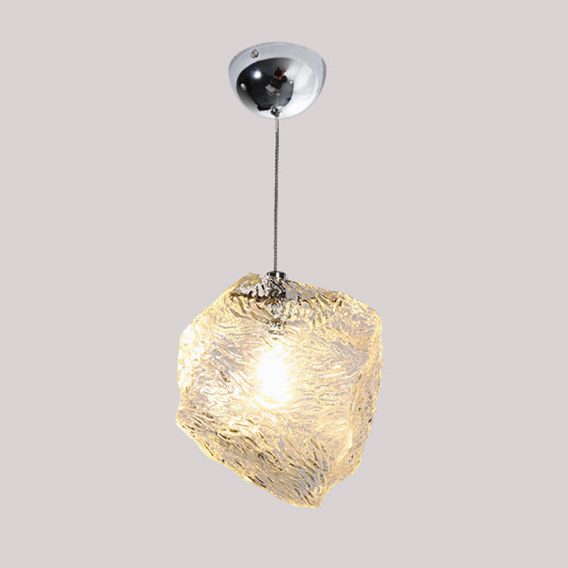 Icy Glass Stone Shaped Suspension Lamp Simplicity 1-Light Chrome Pendant for Dining Room