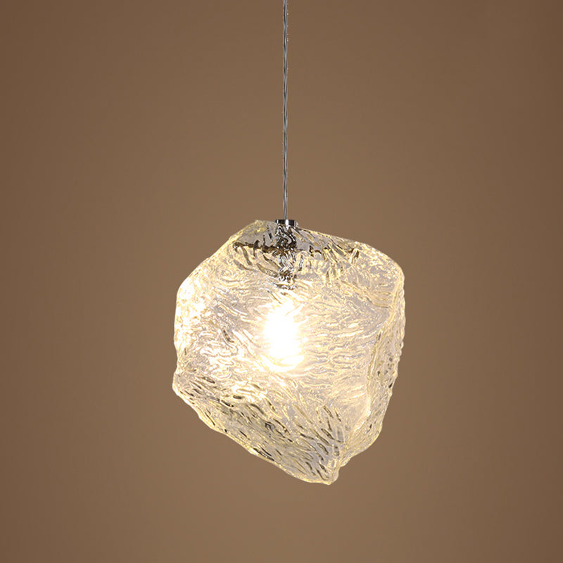 Icy Glass Stone Shaped Suspension Lamp Simplicity 1-Light Chrome Pendant for Dining Room