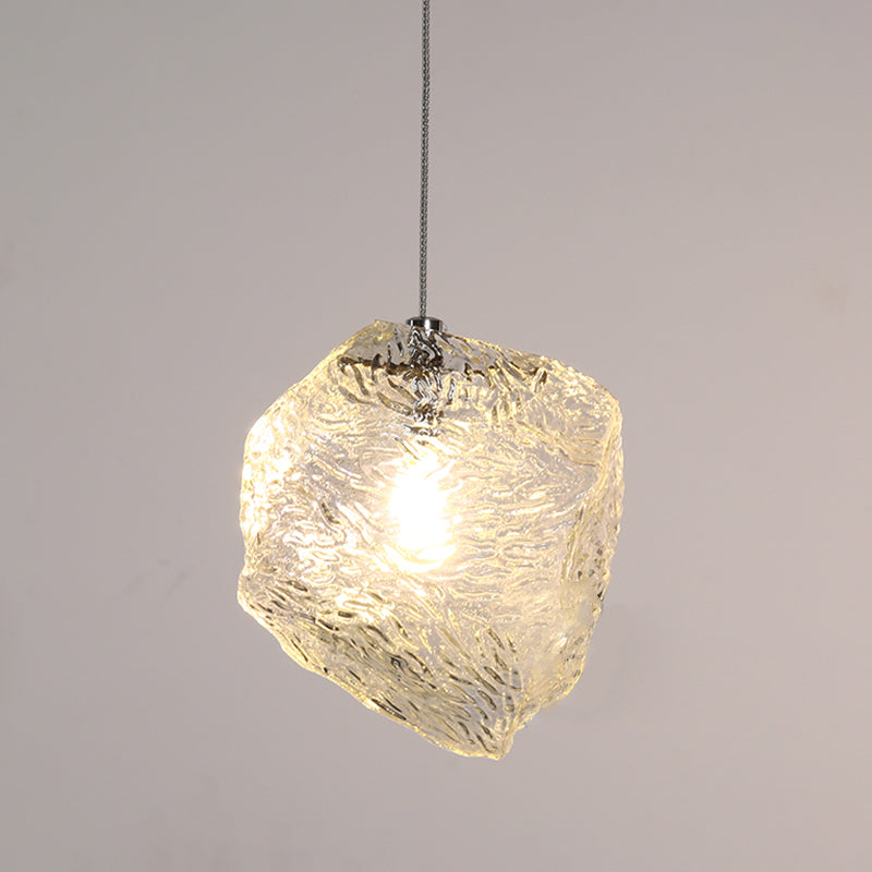 Icy Glass Stone Shaped Suspension Lamp Simplicity 1-Light Chrome Pendant for Dining Room