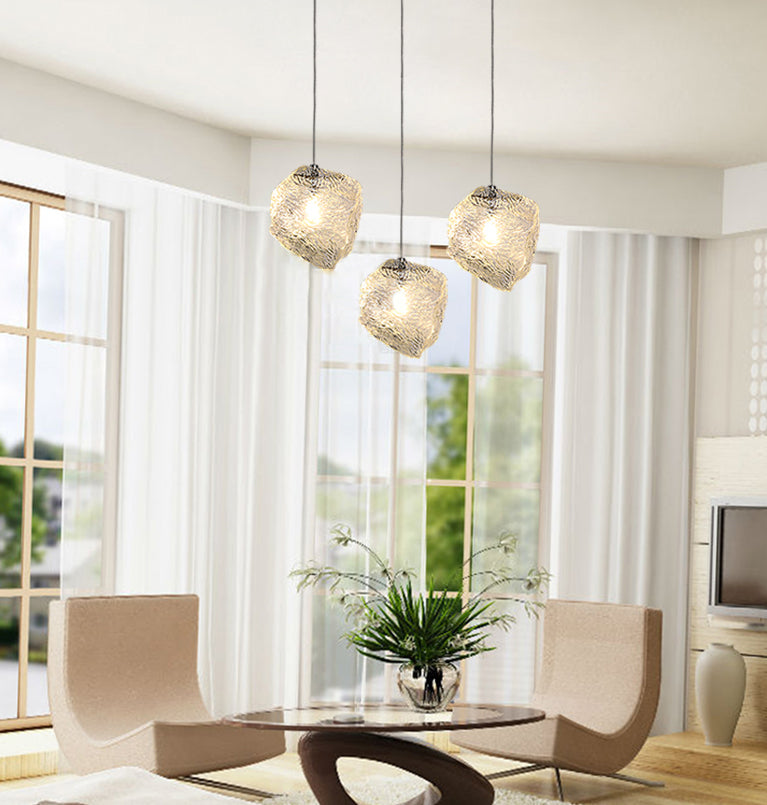 Icy Glass Stone Shaped Suspension Lamp Simplicity 1-Light Chrome Pendant for Dining Room