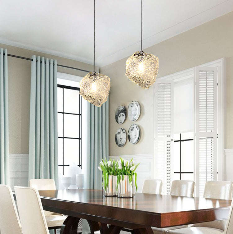 Icy Glass Stone Shaped Suspension Lamp Simplicity 1-Light Chrome Pendant for Dining Room
