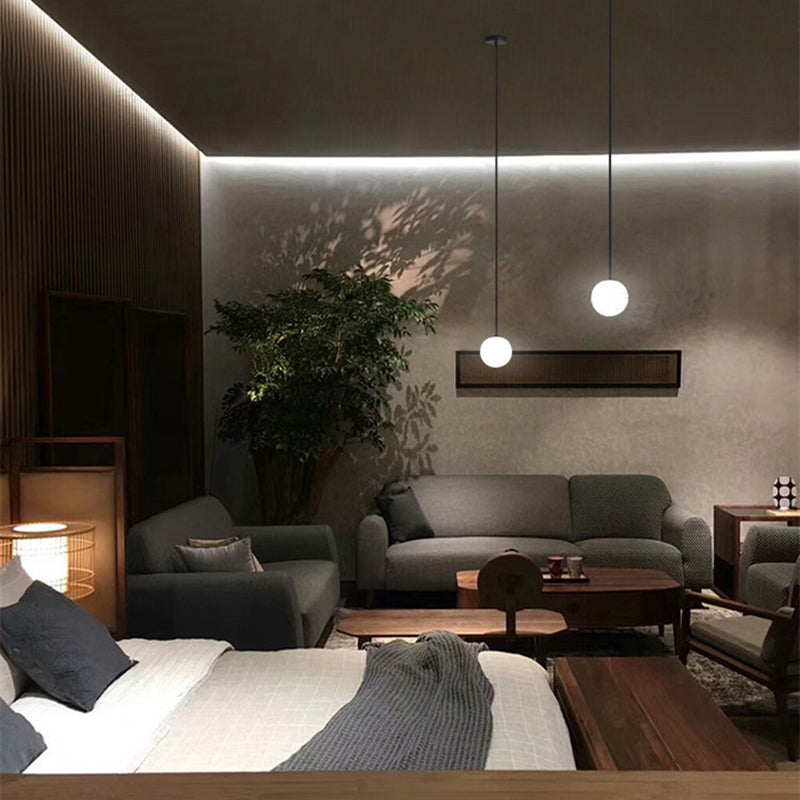Minimalistischer Ball Anhänger weißes Glas 1 Glühbirnen -Schlafzimmer -Federung mit hängenden Stange