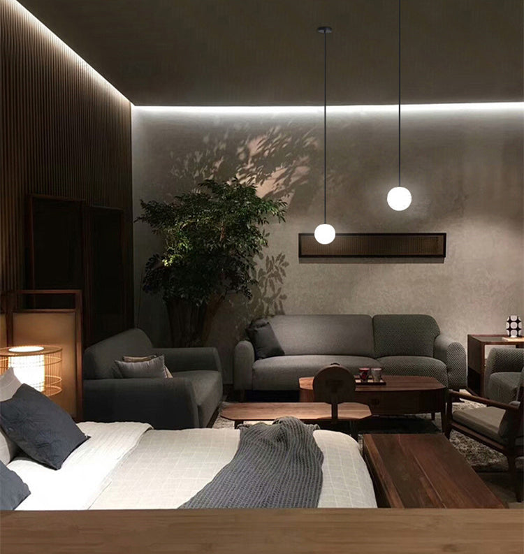 Minimalistischer Ball Anhänger weißes Glas 1 Glühbirnen -Schlafzimmer -Federung mit hängenden Stange