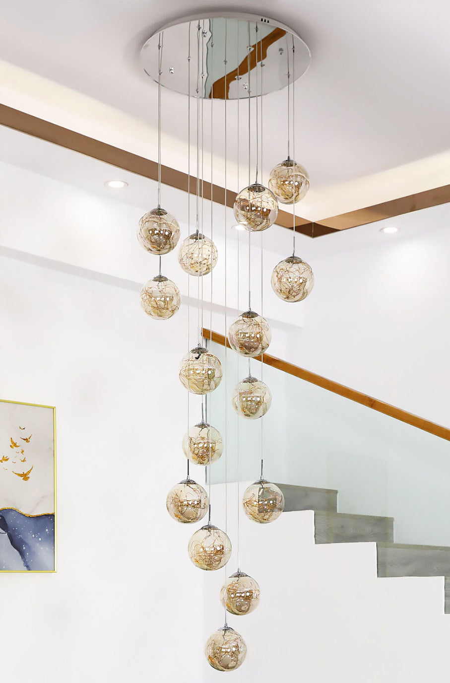 Moderno lampada sospesa sferica a pendente a pendente a 15 luci a 15 luci con tonalità di vetro per le scale