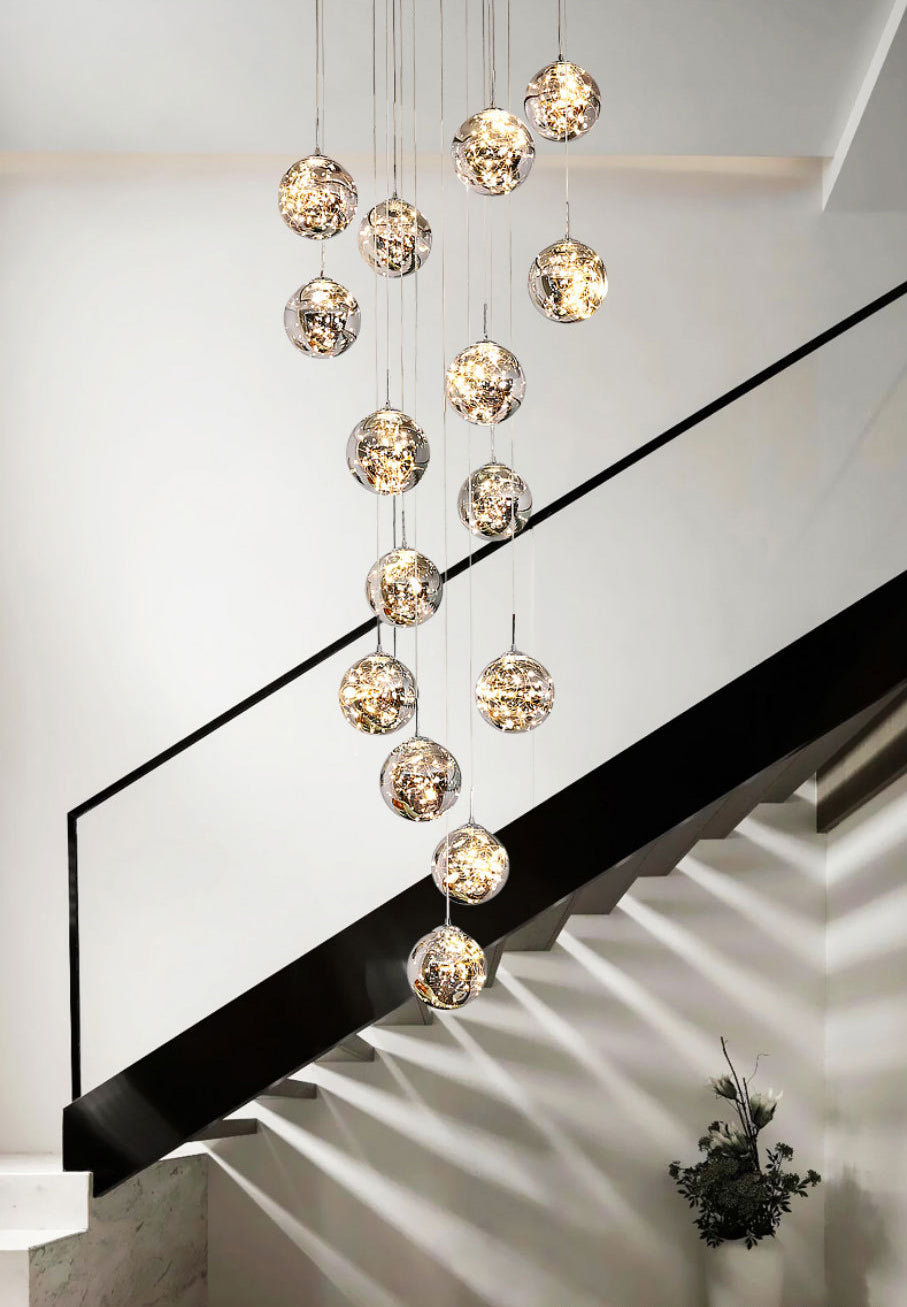 Moderno lampada sospesa sferica a pendente a pendente a 15 luci a 15 luci con tonalità di vetro per le scale