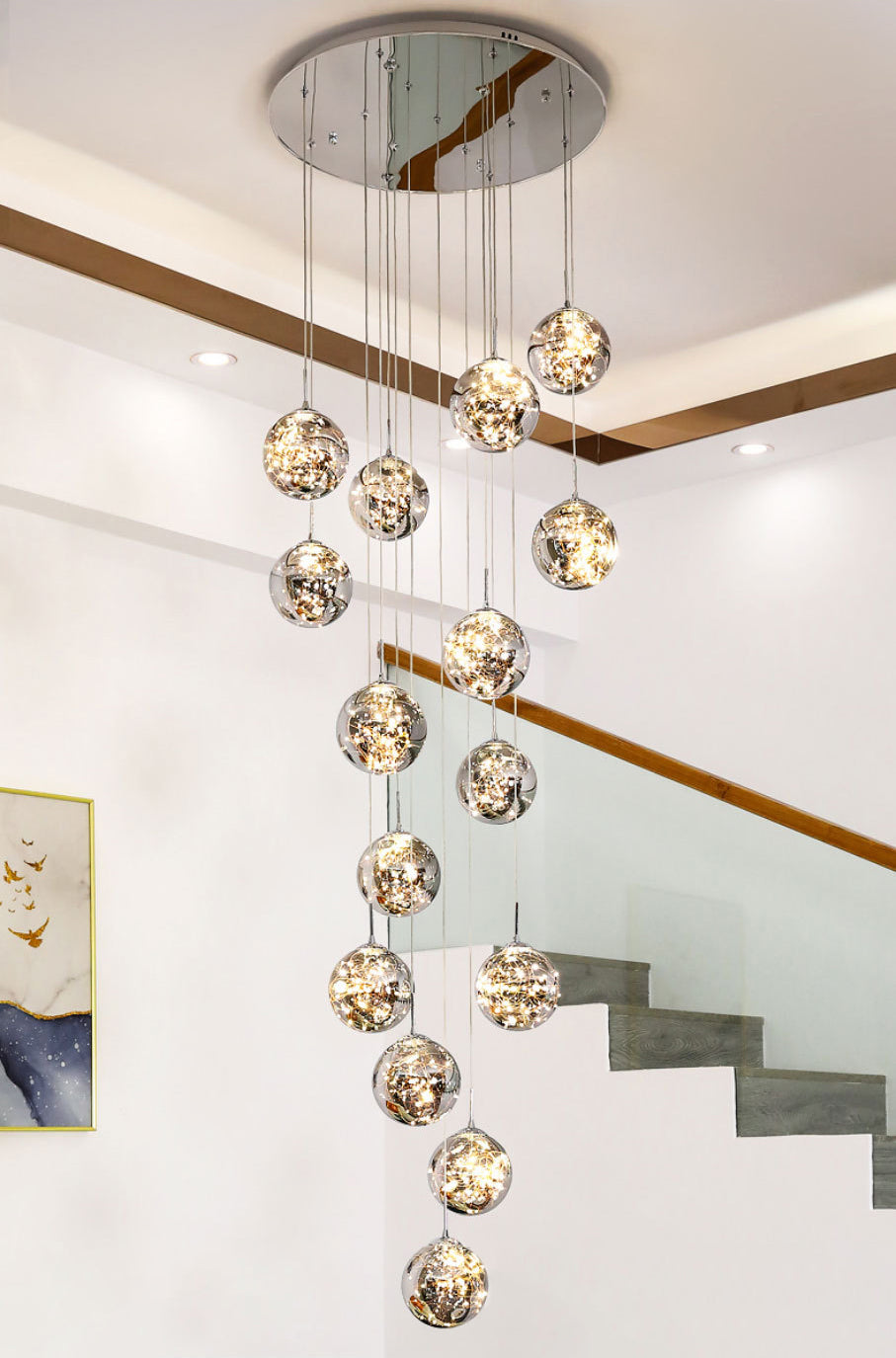 Moderno lampada sospesa sferica a pendente a pendente a 15 luci a 15 luci con tonalità di vetro per le scale
