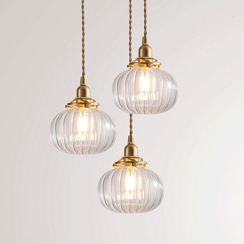 Brass Lamp Holder Pumpkin-shaped Hanging Light Modern Style Simplicity Glass Pendant for Bedroom Dining Room