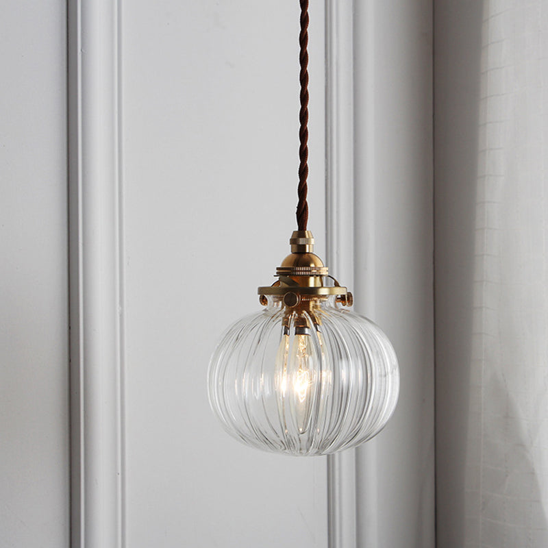 Brass Lamp Holder Pumpkin-shaped Hanging Light Modern Style Simplicity Glass Pendant for Bedroom Dining Room