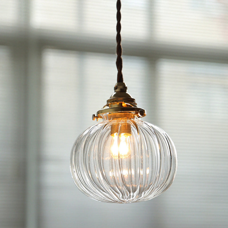 Brass Lamp Holder Pumpkin-shaped Hanging Light Modern Style Simplicity Glass Pendant for Bedroom Dining Room