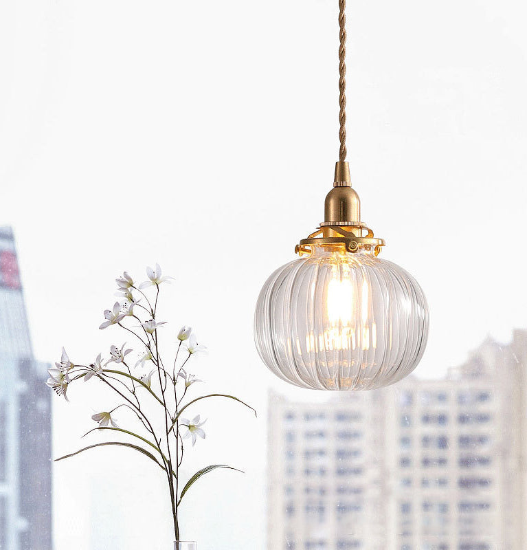 Brass Lamp Holder Pumpkin-shaped Hanging Light Modern Style Simplicity Glass Pendant for Bedroom Dining Room