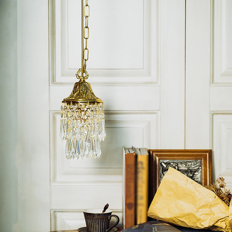 Vintage Wind Chime Crystal Pendant Lamp Golden Relief Crown Hanging Light for Bedroom