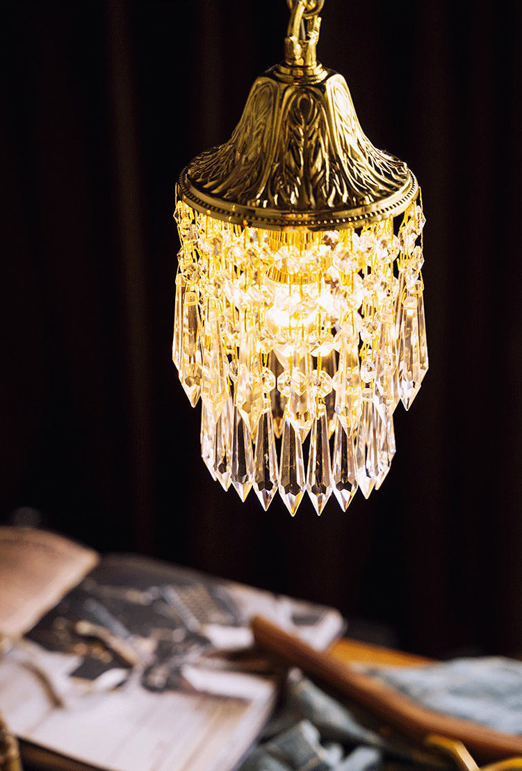 Vintage Wind Chime Crystal Pendant Lamp Golden Relief Crown Hanging Light for Bedroom