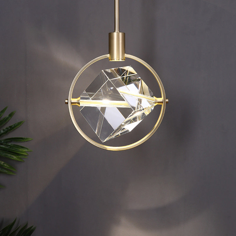 Post-modern Style Mini LED Pendant Light Square Crystal Shade Design Home Decorative Lighting Fixture in Gold