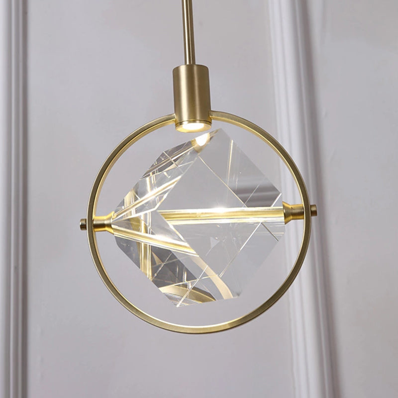 Post-modern Style Mini LED Pendant Light Square Crystal Shade Design Home Decorative Lighting Fixture in Gold