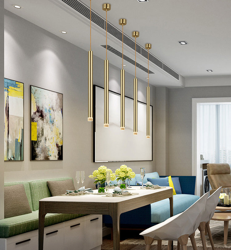 Gold Finish Tubular Spotlight Minimalist LED Metal Pendant Light for Open Kitchen