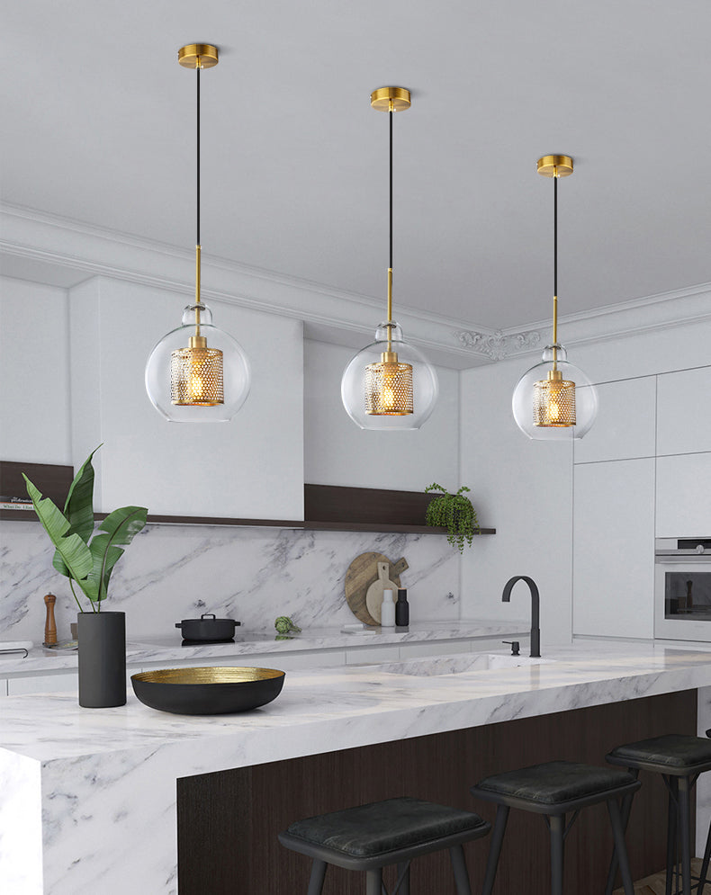 Brass 1 Light Hanging Pendant Light Modern Minimalist Clear Glass Dining Table Hanging Lamp