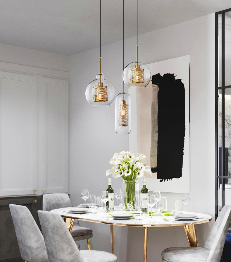 Brass 1 Light Hanging Pendant Light Modern Minimalist Clear Glass Dining Table Hanging Lamp