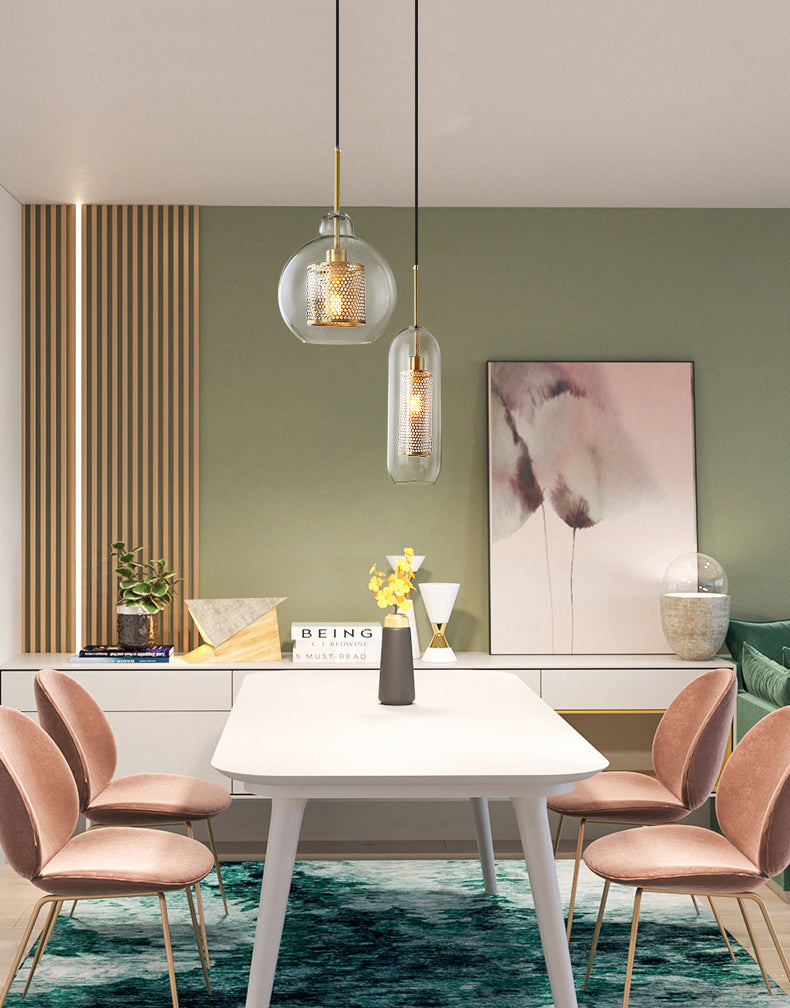Brass 1 Light Hanging Pendant Light Modern Minimalist Clear Glass Dining Table Hanging Lamp