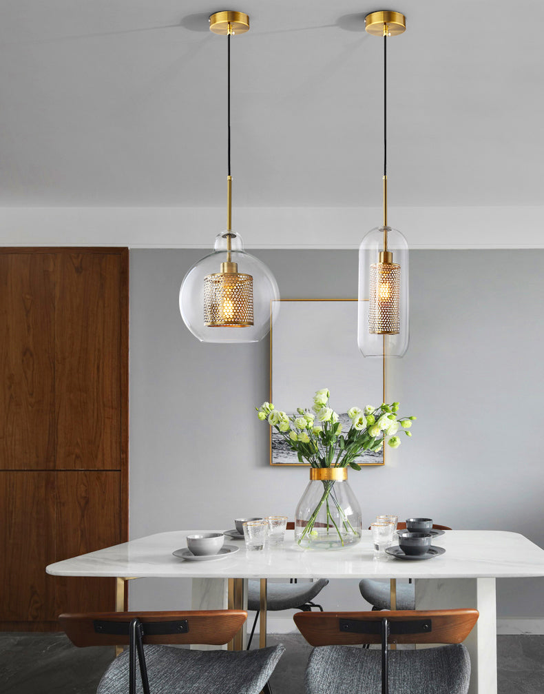 Brass 1 Light Hanging Pendant Light Modern Minimalist Clear Glass Dining Table Hanging Lamp