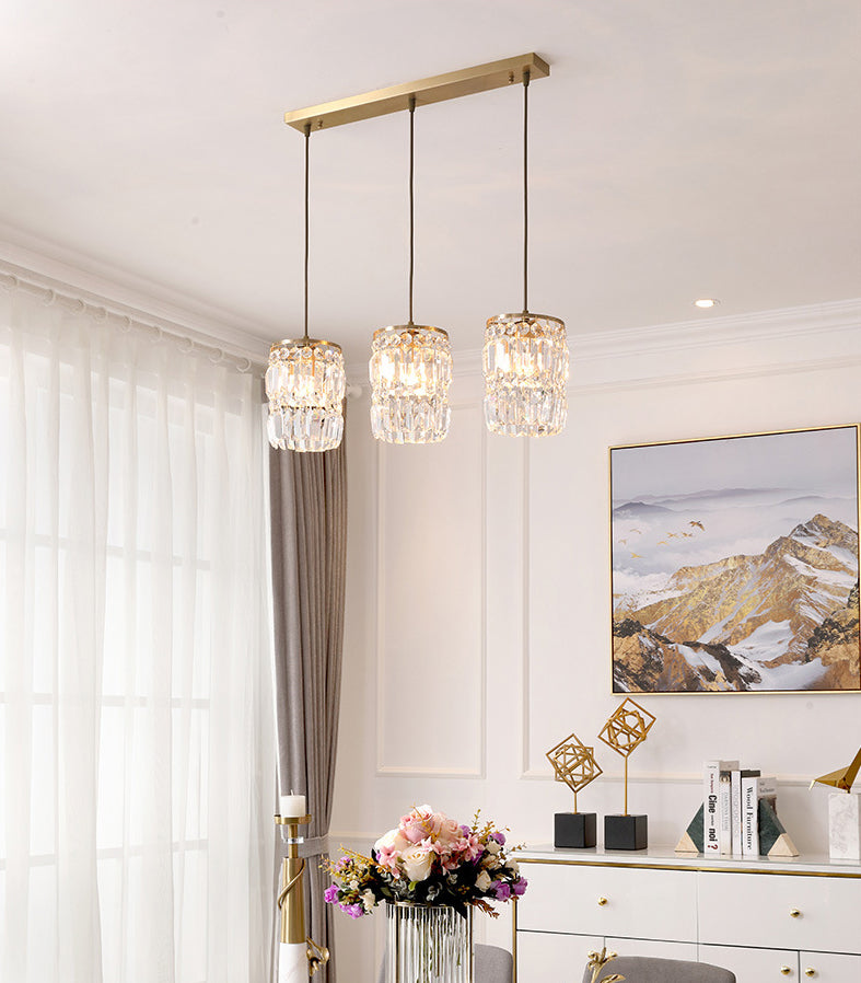 3 luces Cilíndricas de cristal de la isla de cristal 26.7 "de ancho de ancho de iluminación de latón de estilo nórdico para comedor