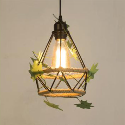 Beige 1 Light Hanging Lamp Country Style Metal and Rope Globe/Barrel Cage Pendant Lighting for Coffee Shop