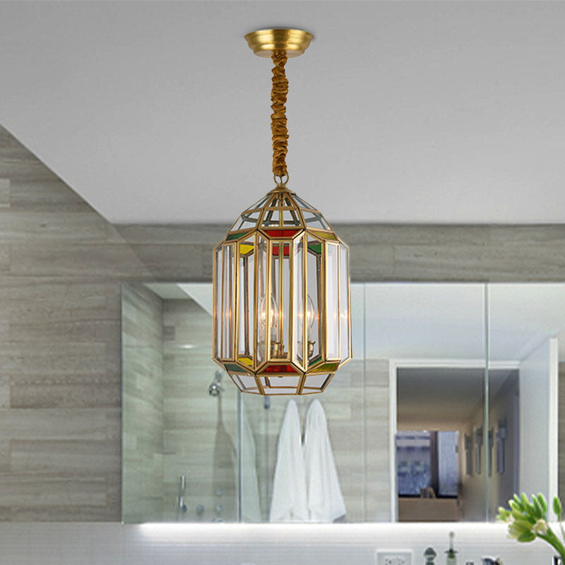 Gold 3 Heads Chandelier Lighting Colonialism Metal Lantern Pendant Ceiling Light with Clear Glass Shade