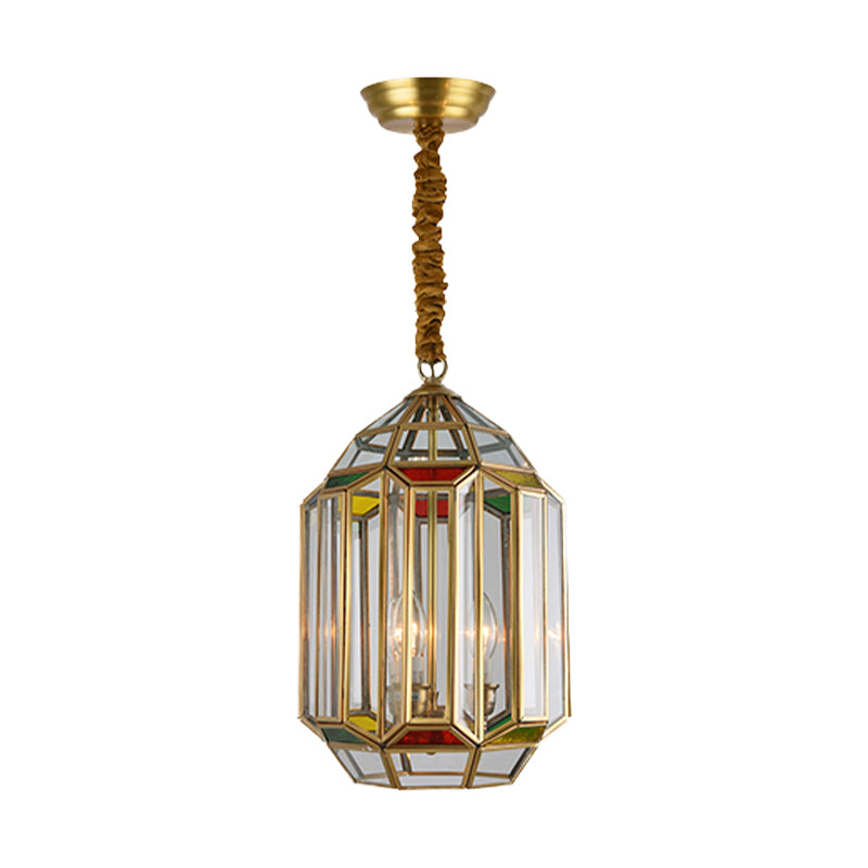 Gold 3 cabezas de lámpara de araña colonialismo linterna de metal luz colgante de techo con sombra de vidrio transparente