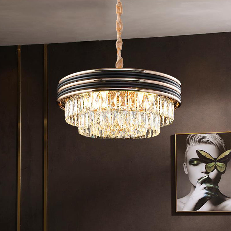 3-stufige runde Kronleuchter Licht Modernismus Kristallblock 9/11 Köpfe 18 "/21,5" breites schwarzes Anhänger Licht