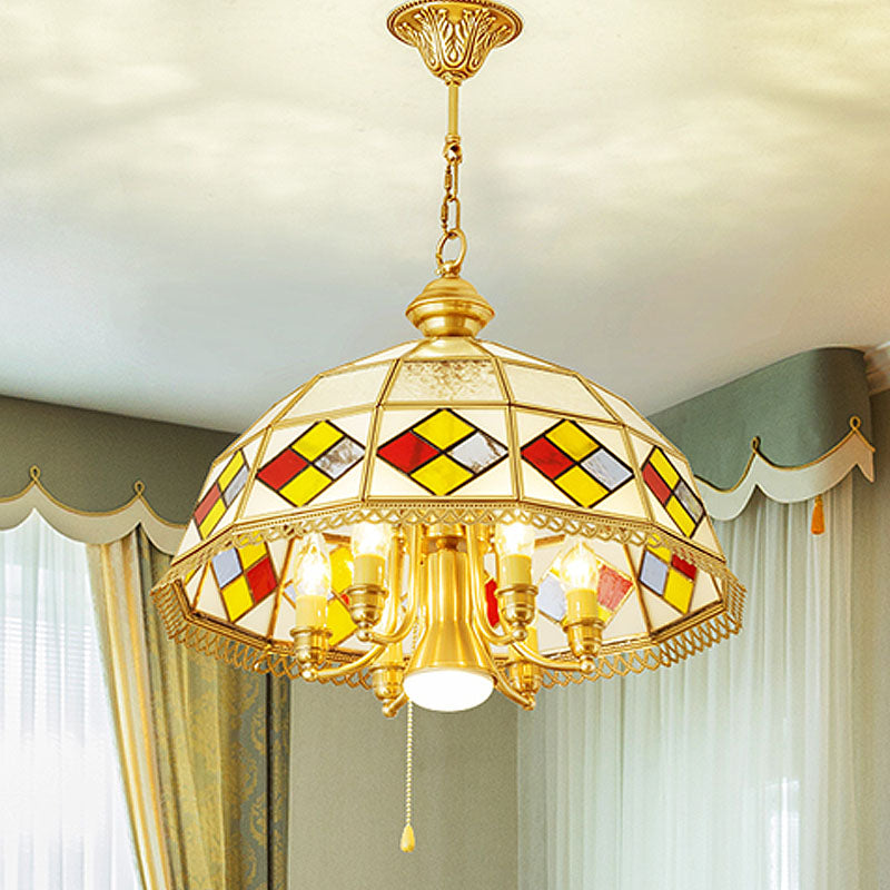 Frosted Glass Red Chandelier Lamp Dome 7 Lights Colonialism Down Lighting Pendant