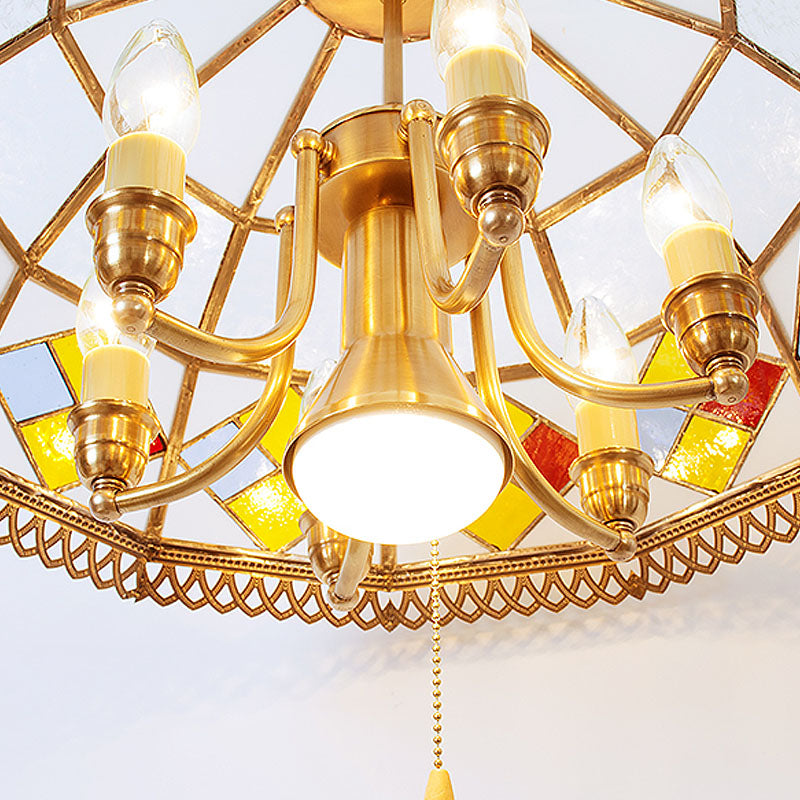 Frosted Glass Red Chandelier Lamp Dome 7 Lights Colonialism Down Lighting Pendant