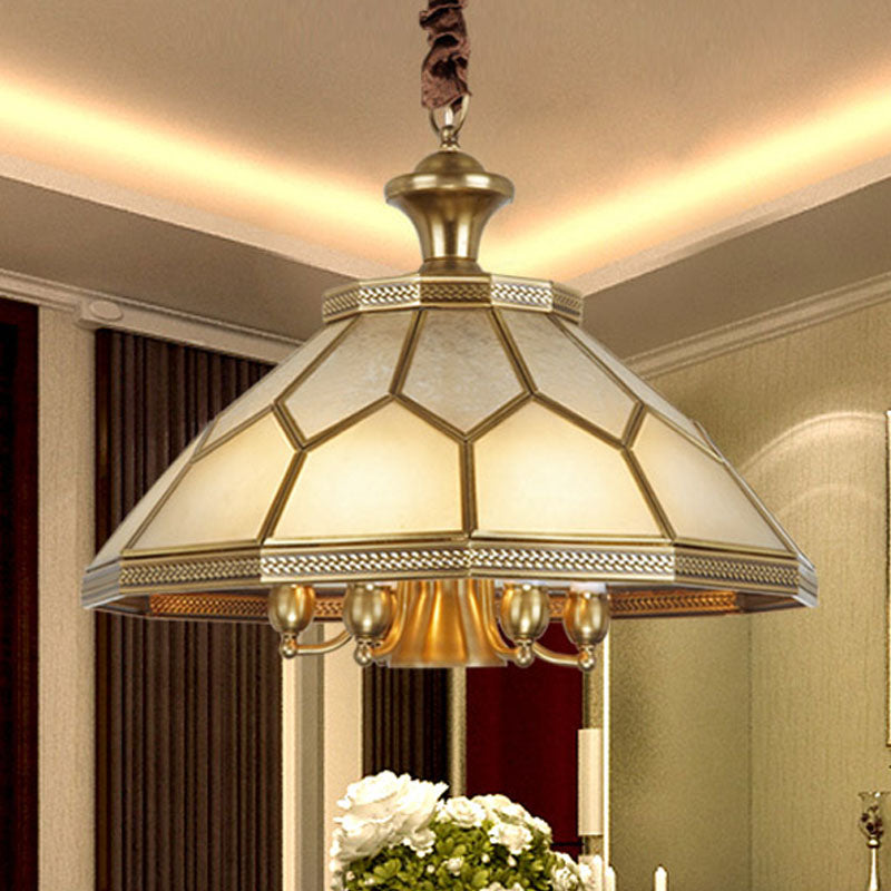 3/7 Lights Chandelier Pendant Light Colonial Conical Ivory Glass Suspension Lamp in Gold for Restaurant, 13"/20.5" W