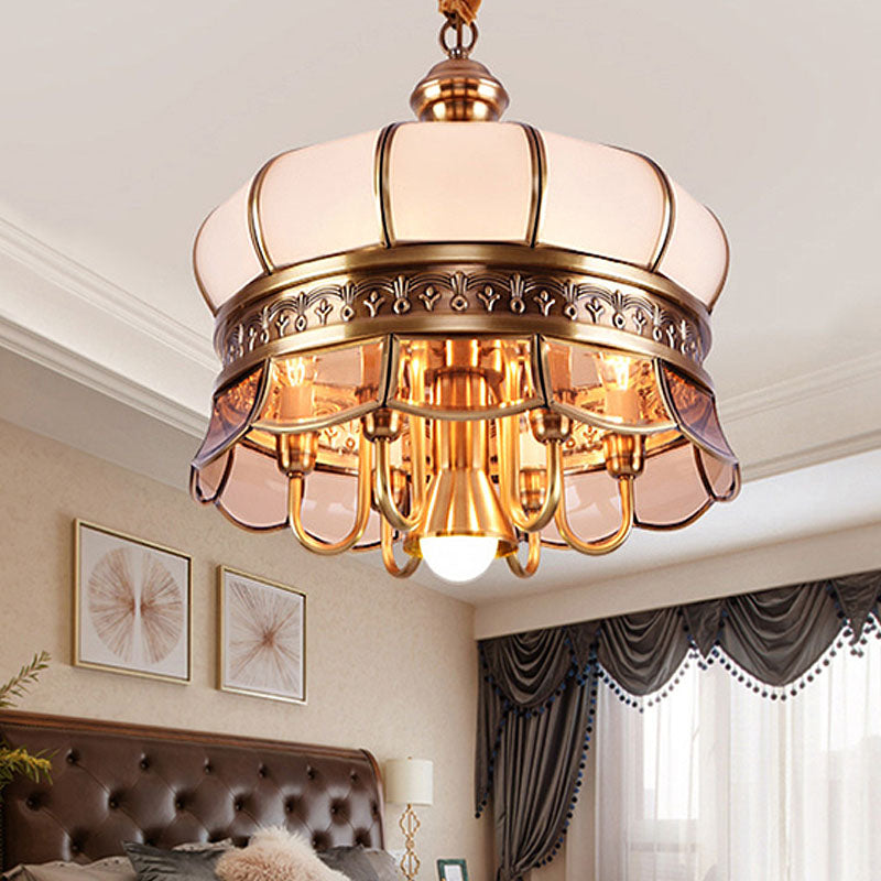 Scalloped Living Room Ceiling Chandelier Colonial Milky Glass 5/7 Heads Gold Hanging Light Fixture