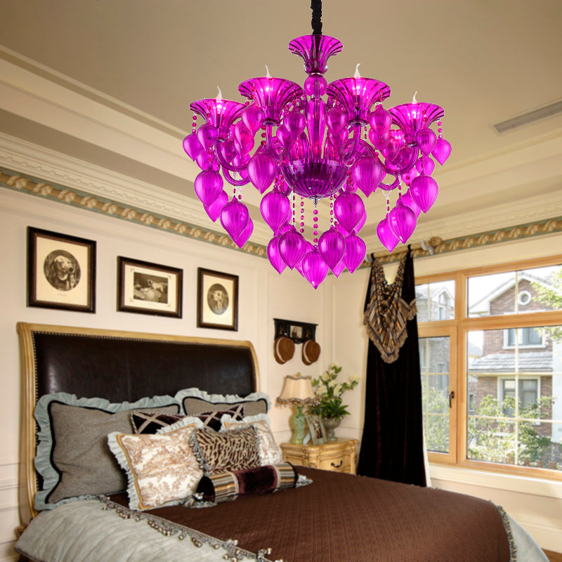 Candelabra Crystal Drop Cucil Light Traditional 6 teste Lampaggio del soggiorno in cristallo blu/viola/rosso
