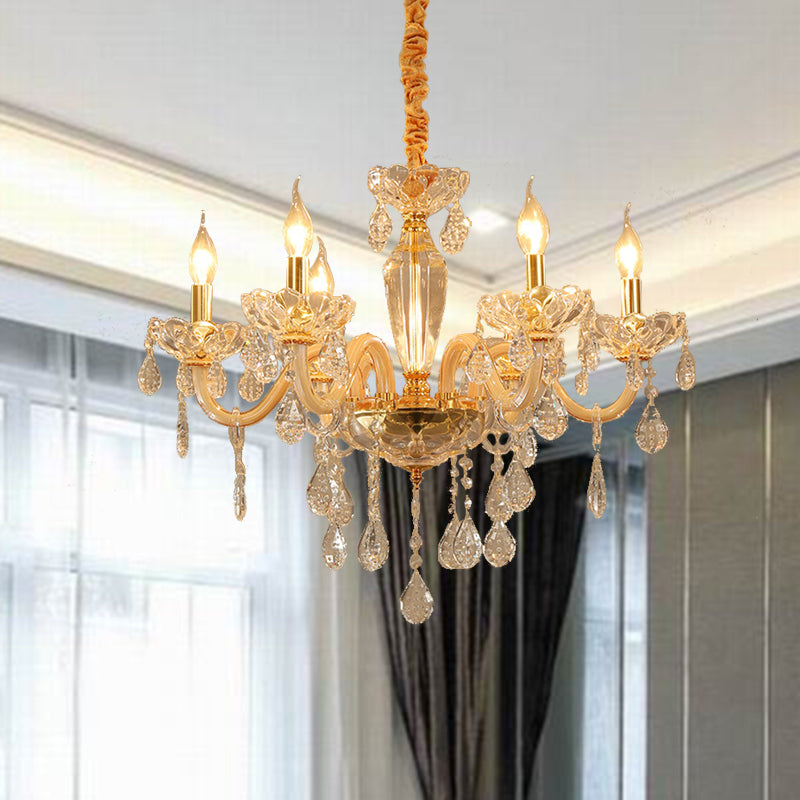 Beige Candle Style Hanging Ceiling Light Modern Crystal Drop 6/10 Heads Living Room Chandelier Light Fixture