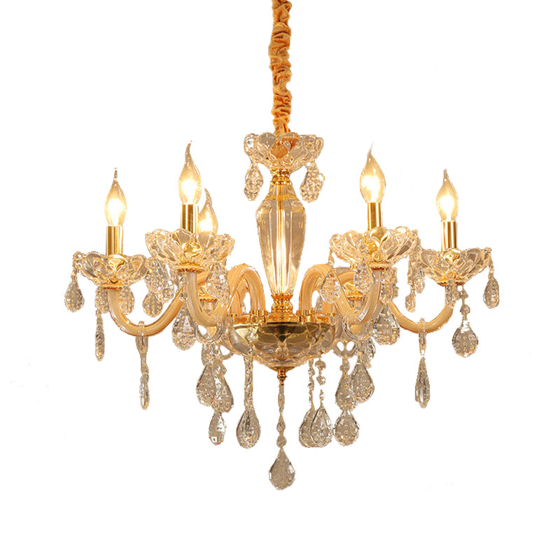Beige Candle Style Hanging Ceiling Light Modern Crystal Drop 6/10 Heads Living Room Chandelier Light Fixture