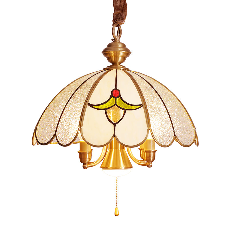 5 Bulbs Scallop Pendant Lamp Colonial Gold Frosted Glass Chandelier Light Fixture for Study Room