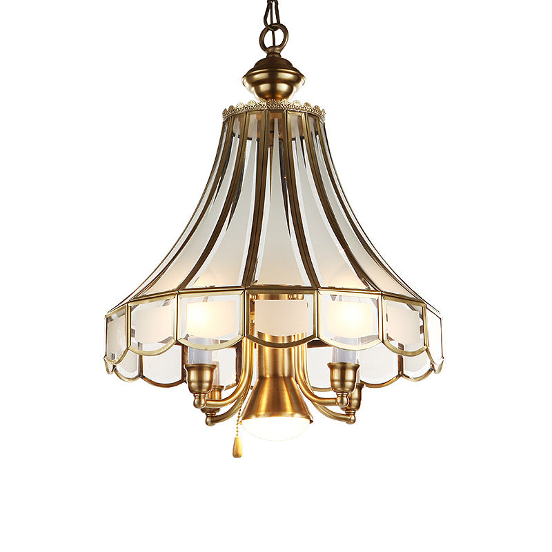 Brass Scallop Chandelier Pendant Light Colonial Sandblasted Glass 5 Lights Study Room Suspension Lamp