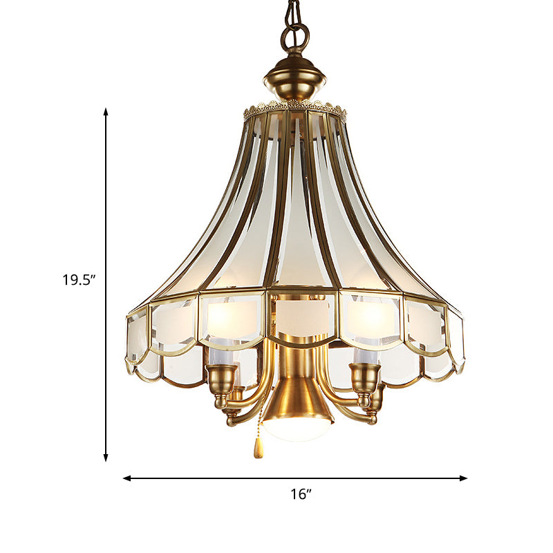 Brass Scallop Chandelier Pendant Light Colonial Sandblasted Glass 5 Lights Study Room Suspension Lamp