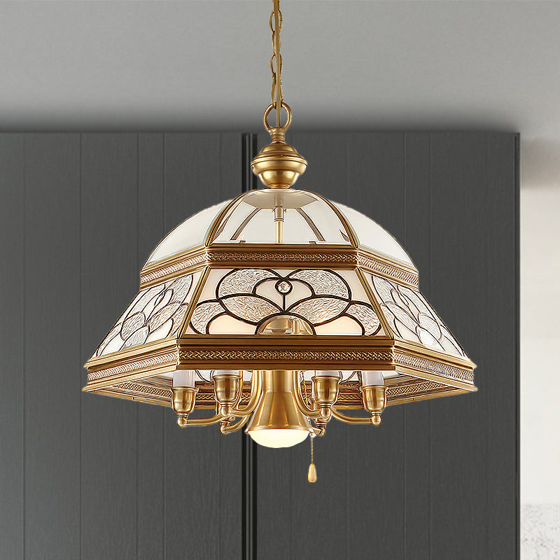 Sandblasted Glass Gold Chandelier Dome 6/7 Lights Colonialism Down Lighting Pendant for Living Room, 19.5"/21" W