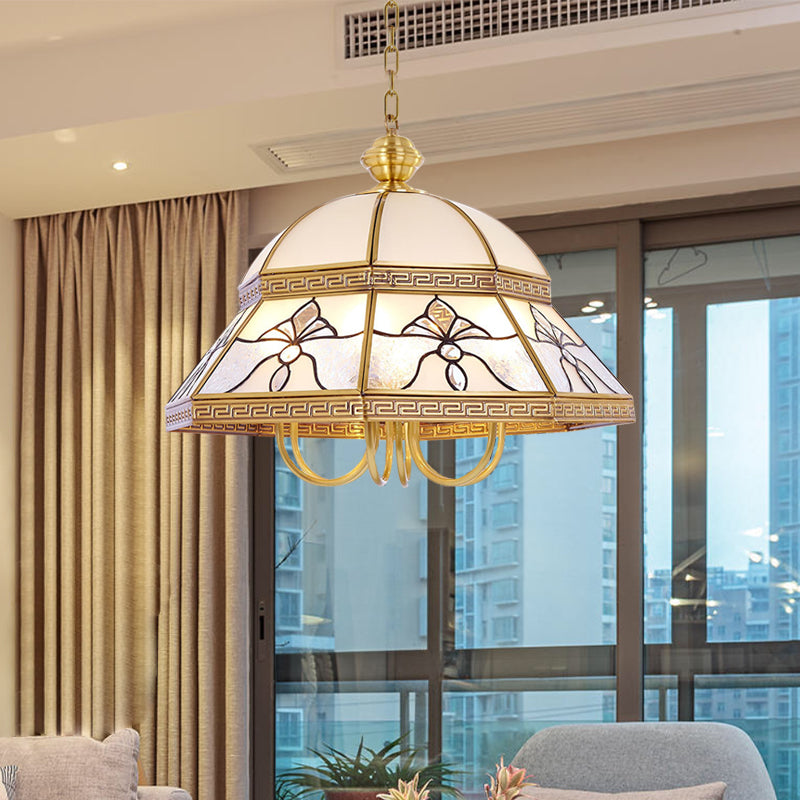 Colonial Dome Hanging Pendant 6 Heads Sandblasted Glass Chandelier Lighting Fixture in Gold for Bedroom