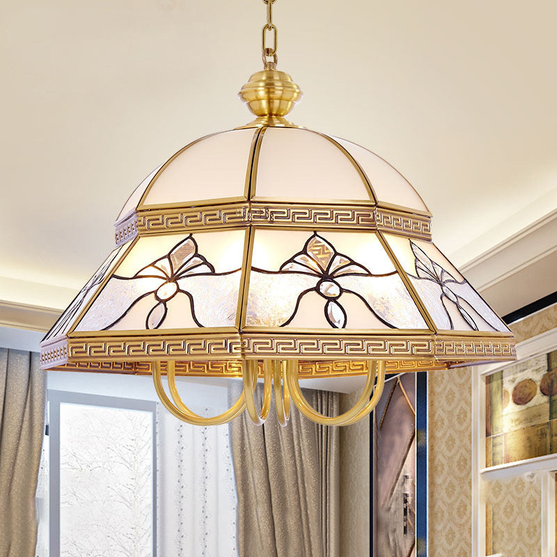 Costón colonial colgante colgante 6 cabezas lámpara de lámpara de vidrio de arena accesorio de iluminación en oro para dormitorio