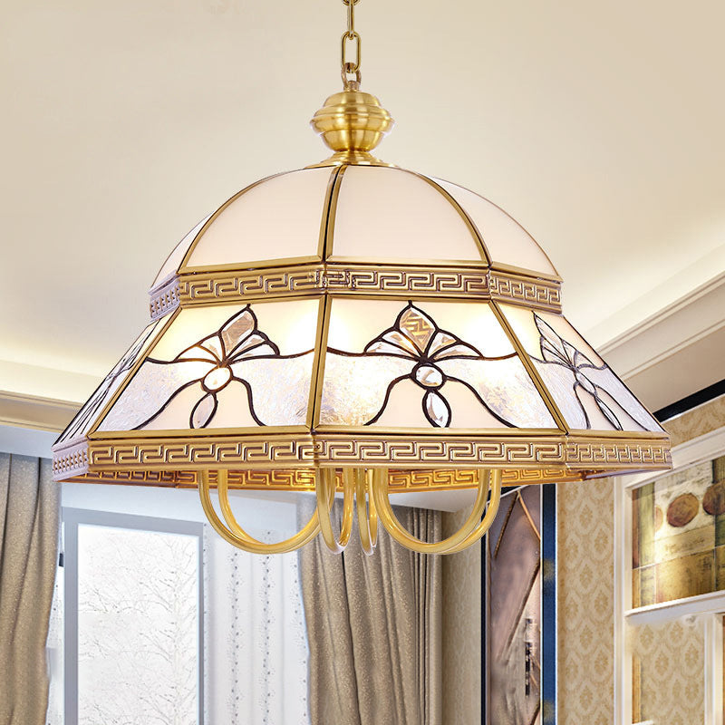 Colonial Dome Hanging Pendant 6 Heads Sandblasted Glass Chandelier Lighting Fixture in Gold for Bedroom