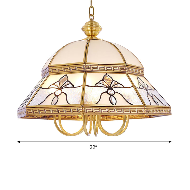 Colonial Dome Hanging Pendant 6 Heads Sandblasted Glass Chandelier Lighting Fixture in Gold for Bedroom