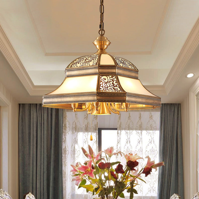 Bell Dining Room Ceiling Chandelier Colonial Mouth Blown Opal Glass 5 Heads Gold Hanging Light Fixture