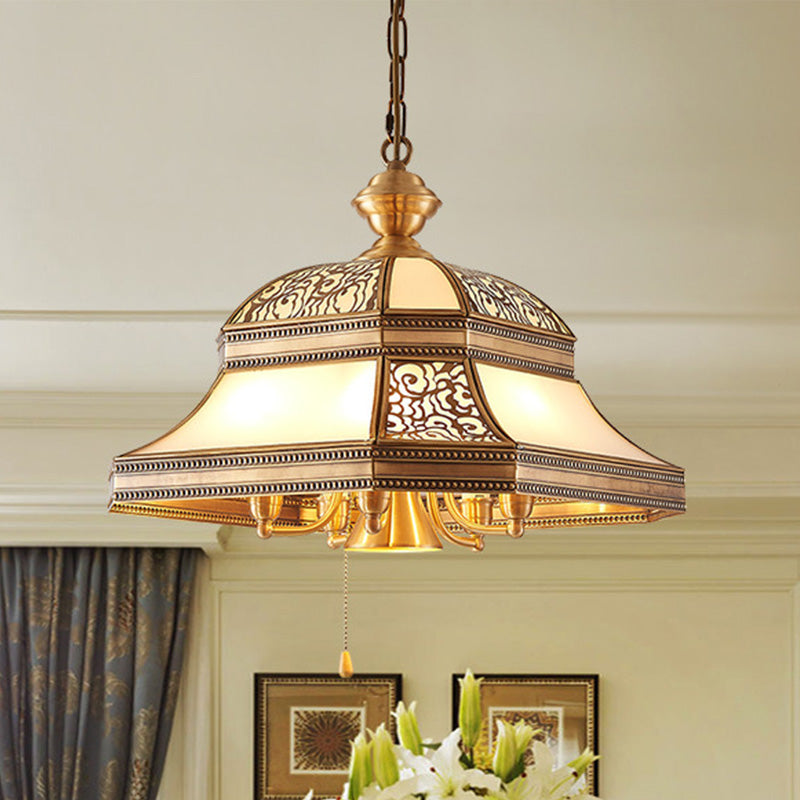 Bell Esszimmer Decke Kronleuchter Kolonialmund geblasen Opalglas 5 Köpfe Gold hängende Leuchte